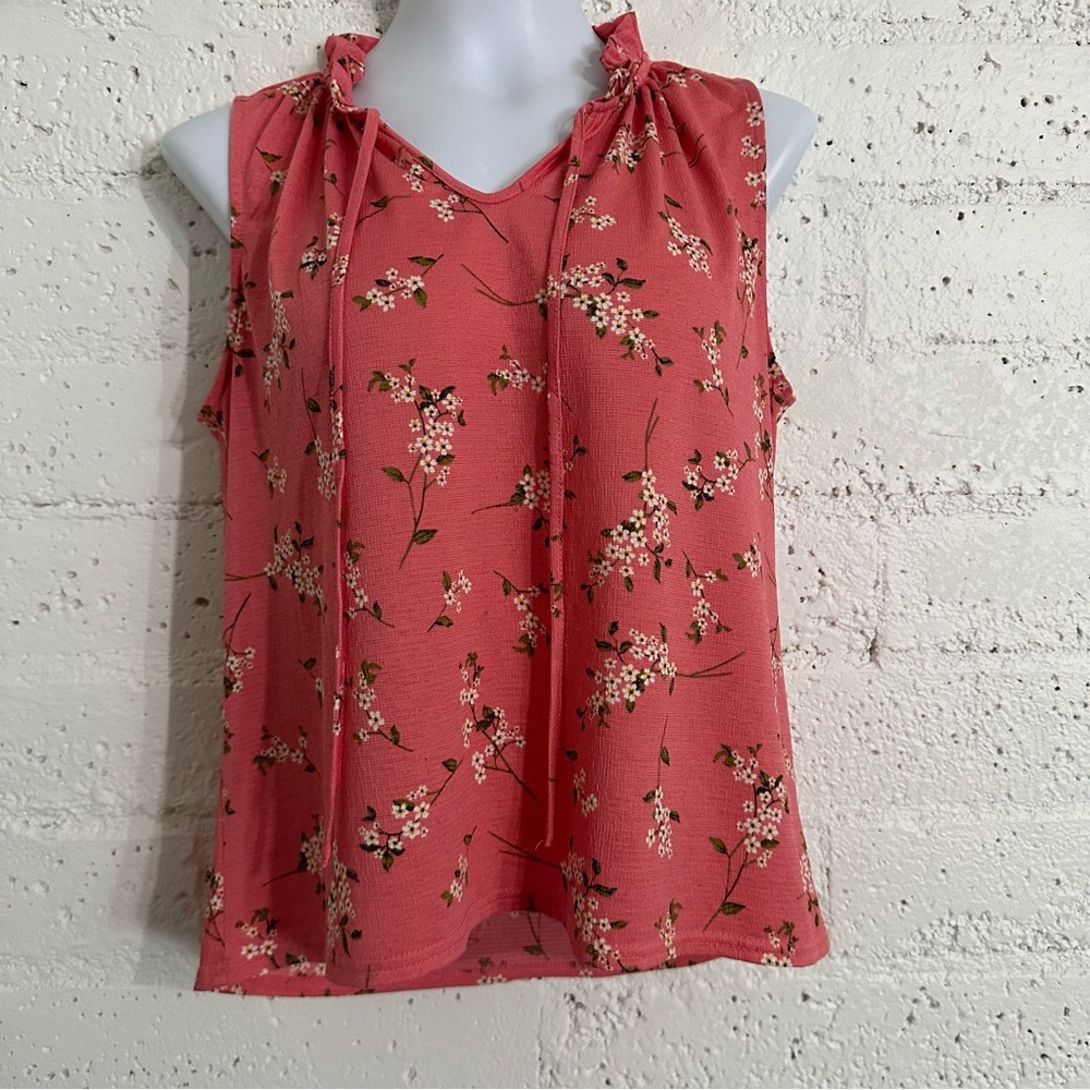 Melloday Womens Top S Pink Floral Sleeveless Split Tie Neck Blouse BA3